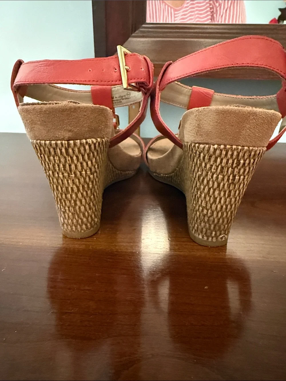 A2 By Aerosoles Red T‑Strap Wedge Sandals with Woven Platform